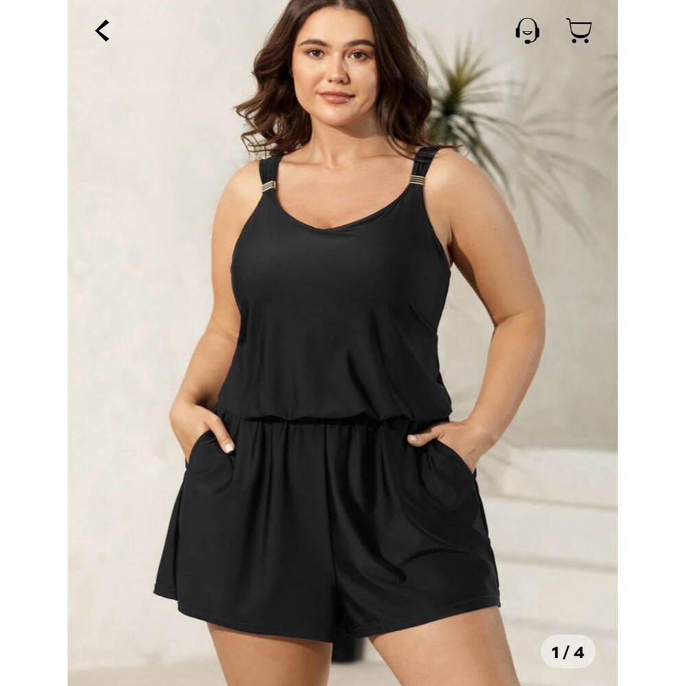 BloomChic Black Size 14/16 Swim Romper One Piece Swimsuit Pockets Adjustable